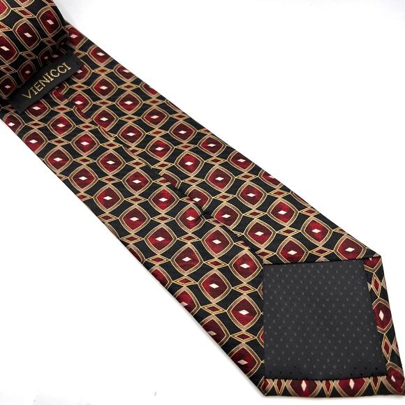 Vienicci Men's Tie- 60"- Black / Red Geometric Pattern Design - Silk Necktie - Picture 5 of 5